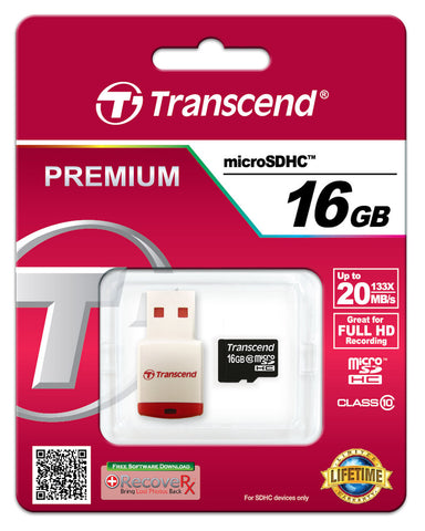 Памет Transcend 16GB microSDHC10 (with reader - Class 10), read-write: up to 20MBs, 17MBs