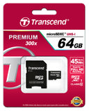 Памет Transcend 64GB microSDXC UHS-I Class 10 with adapter (SD 3.0), read  up to 45MB/s 300x