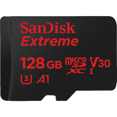 Памет SanDisk Extreme microSDXC 128GB+ Rescue Pro Deluxe 100MB/s A1 C10 V30 UHS-I U3,  read-write: up to 100MBs, 90MBs