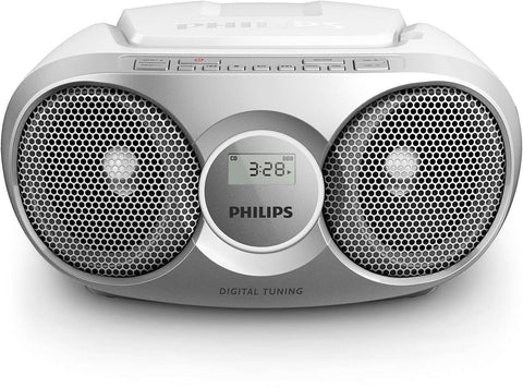 Philips CD радиокасетофон, FM/MW стерео тунер, 2 x 1 W RMS, сребрист, захранване от мрежата или батерии размер C (LR14) x 6
